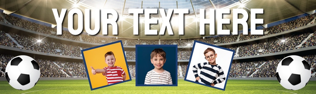 Personalised Party Banner - Kids Football Pitch - Custom Text & 3 Photo Upload