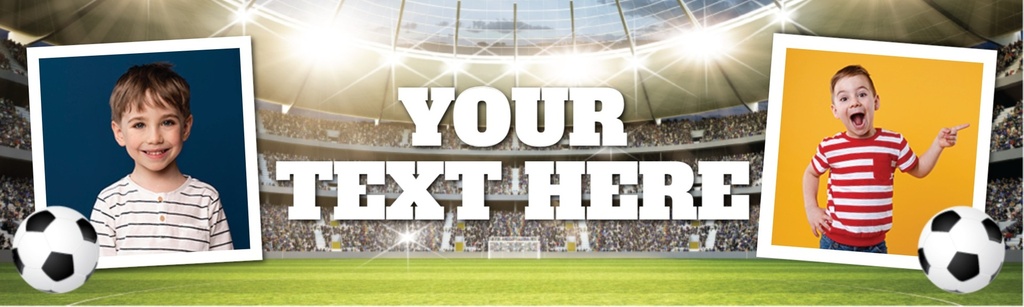 Personalised Party Banner - Kids Football Pitch - Custom Text & 2 Photo Upload