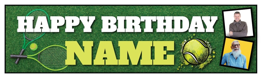 Personalised Party Banner - Kids Tennis Green - Custom Text & 2 Photo Upload
