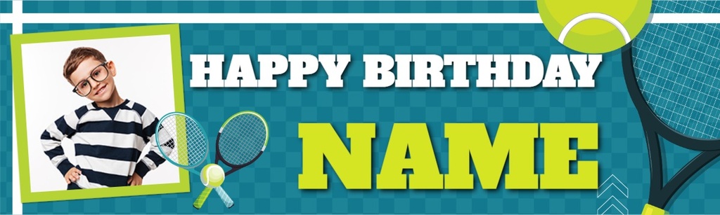 Personalised Party Banner - Kids Tennis - Custom Text & 1 Photo Upload