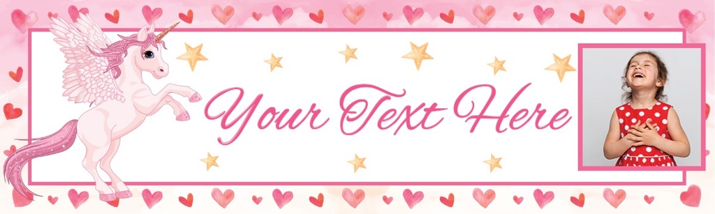 Personalised Party Banner - Pink Hearts & Unicorn - Custom Text & 1 Photo Upload