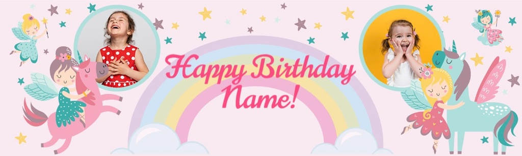 Personalised Party Banner - Rainbow Fairies & Unicorn - Custom Text & 2 Photo Upload