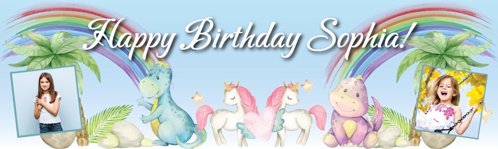 Personalised Party Banner - Unicorn & Dino Fairytale - Custom Text & 2 Photo Upload