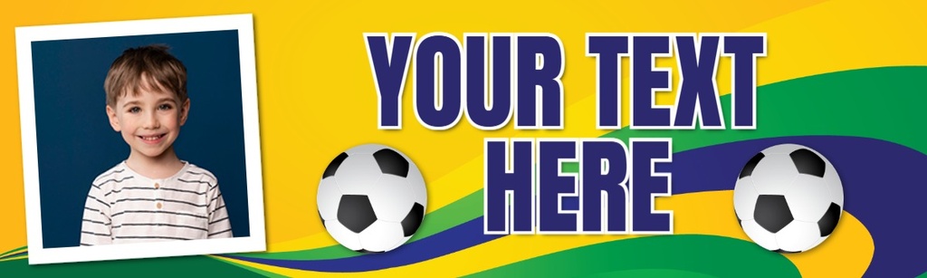Personalised Party Banner - Yellow Blue Green Football - Custom Text 1 Photo Upload