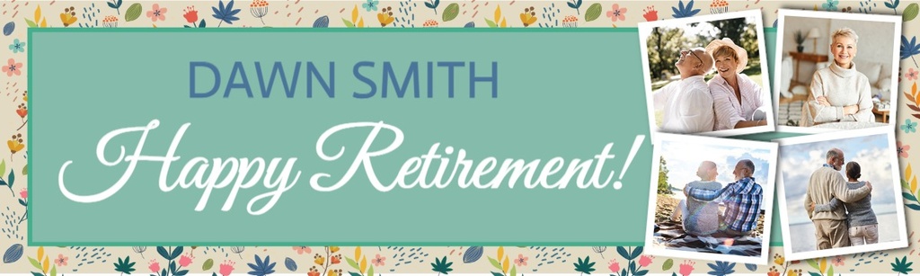 Personalised Retirement Banner - Green & Floral Print - Custom Name & 4 Photo Upload