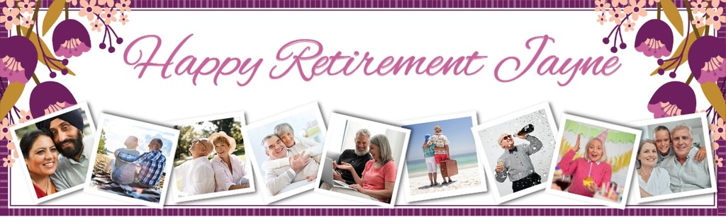 Personalised Retirement Banner - Purple Floral - Custom Name & 9 Photo Upload