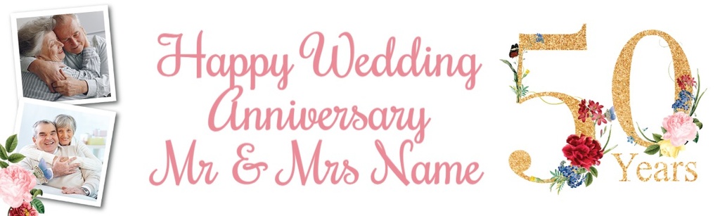 Personalised Wedding Anniversary Banner - Floral Design - 2 Photo Upload & Custom Text