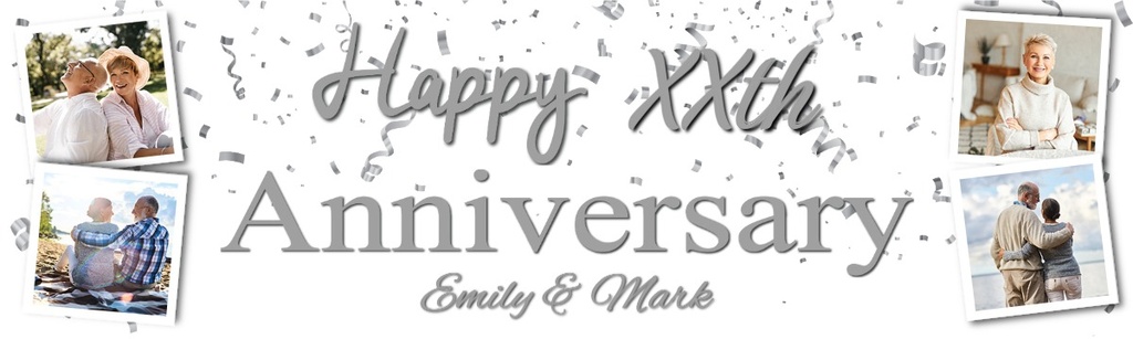 Personalised Wedding Anniversary Banner - Silver Party Design - Custom Text & 4 Photo Upload