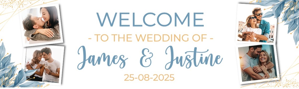 Personalised Wedding Banner - Blue Gold Welcome - Custom Name, Date & 4 Photo Upload