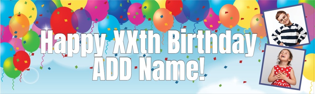 Personalised Text Banner - Party Balloons - Custom Text & 2 Photo Upload