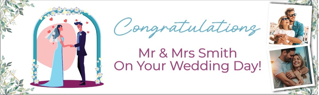Personalised Wedding Banner - Congratulations Blue - Custom Name & 2 Photo Upload