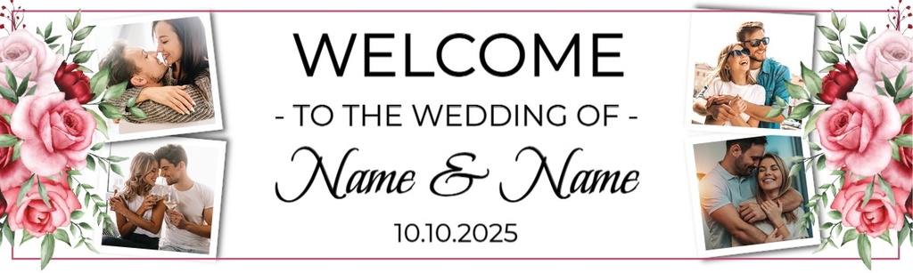 Personalised Wedding Banner - Flower Welcome - Custom Name Date & 2 Photo Upload