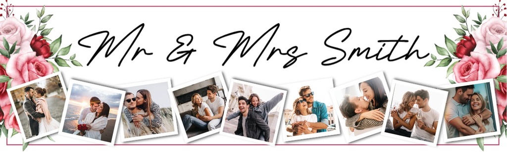Personalised Wedding Banner - Pink Flowers - Custom Names & 9 Photo Upload