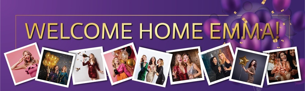 Personalised Welcome Home Banner - Purple & Gold Design - Custom Name & 9 Photo Upload