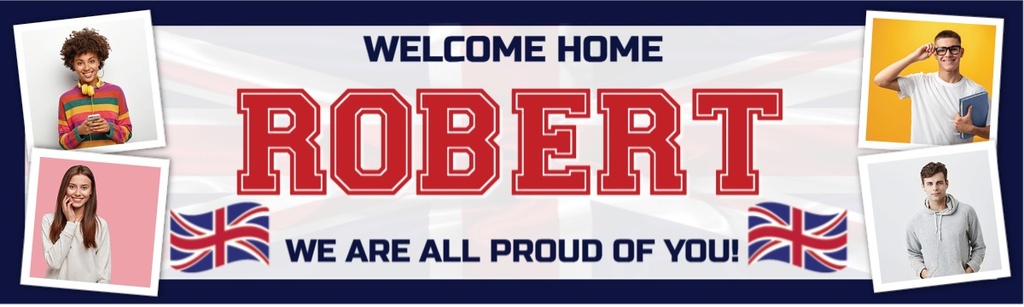 Personalised Welcome Home Banner - Royal Navy - Custom Name & 4 Photo Upload