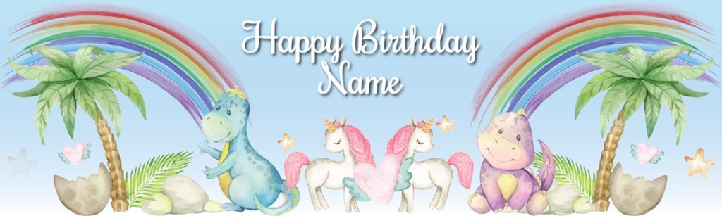 Happy Birthday Banner - Cute Baby Dinosaurs & Unicorns Fairytale