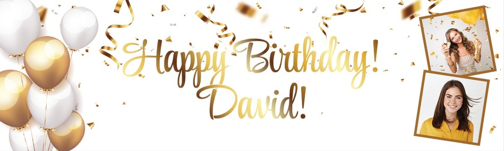 Personalised Party Banner - Gold & White Balloons - 2 Photo Upload