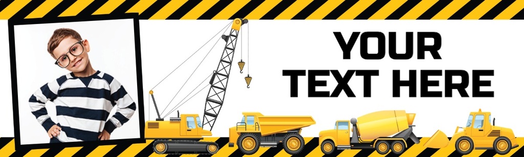 Personalised Happy Birthday Banner - Diggers Cranes & Trucks - Custom Text & 1 Photo Upload
