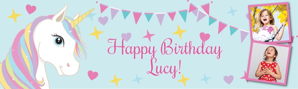 Personalised Happy Birthday Banner - Hearts & Stars Unicorn - 2 Photo Upload