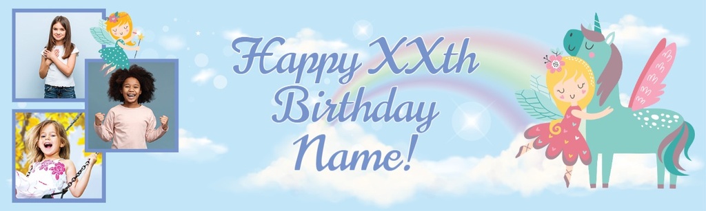 Personalised Party Banner - Blue Unicorn - Custom Text 3 Photo Upload