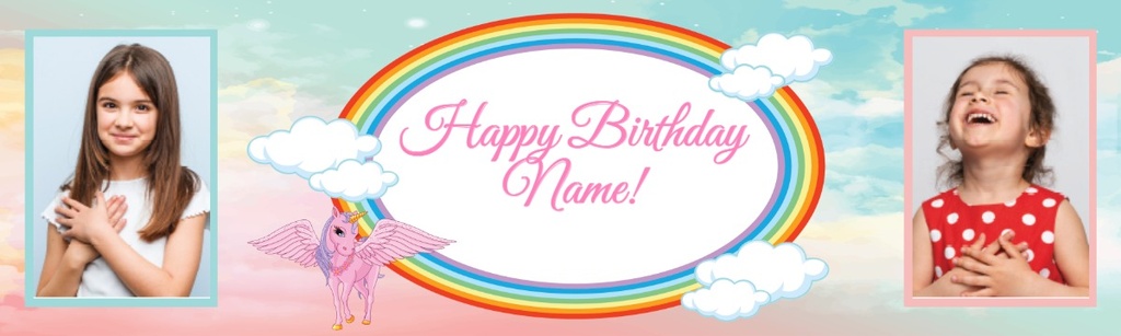 Personalised Party Banner - Rainbow Unicorn Pegasus - Custom Text & 2 Photo Upload