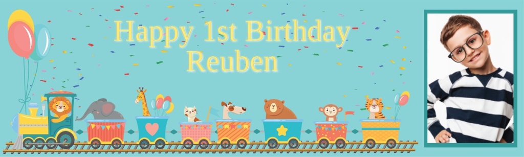 Personalised Party Banner - Lion Party Train - Custom Text & 1 Photo Upload