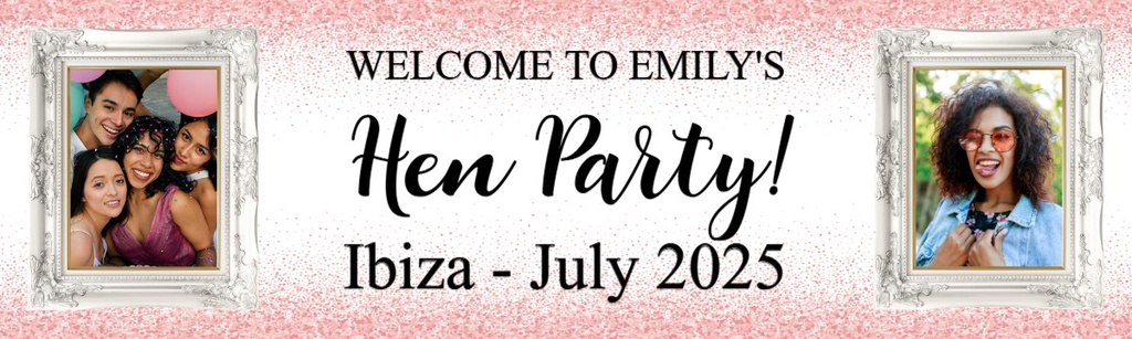 Personalised Hen Party Banner - Pink Welcome - Custom Name & 2 Photo Upload