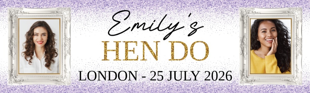 Personalised Hen Do Banner - Welcome To The Hen Party Purple - Custom Name & 2 Photo Upload