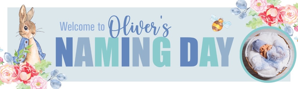 Personalised Baby Naming Day Banner - Blue Rabbit Welcome - Custom Name & 1 Photo