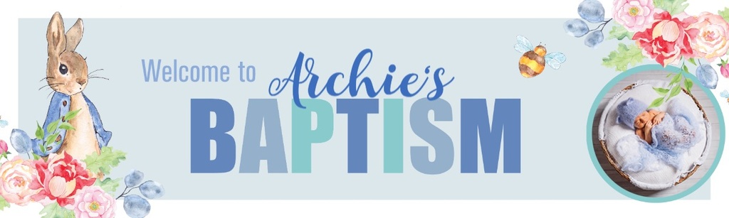 Personalised Baptism Banner - Blue Rabbit Welcome - Custom Name & 1 ...