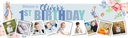 Personalised Happy 1st Birthday Banner - Blue Rabbit Welcome - Custom Name & 9 Photo Upload
