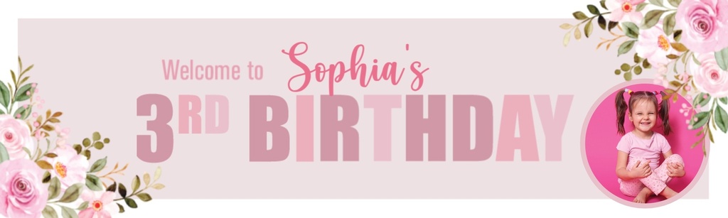 Personalised Happy 3rd Birthday Banner - Pink Rabbit - Custom Name & 1 Photo Upload