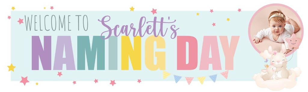 Personalised Naming Day Banner - Bunny & Stars - Custom Name & 1 Photo Upload
