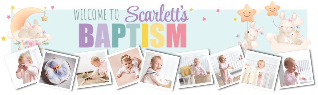 Personalised Baptism Banner - Bunny & Stars - Custom Name & 9 Photo Upload