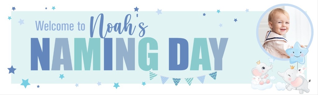 Personalised Naming Day Banner - Blue & Cute Elephant - Custom Name & 1 Photo Upload