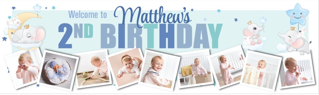 Personalised Happy 2nd Birthday Banner - Blue & Baby Elephant - Custom Name & 9 Photo Upload