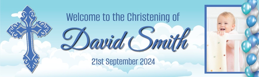 Personalised Christening Banner - Blue Cross - Custom Name Date & 1 Photo Upload