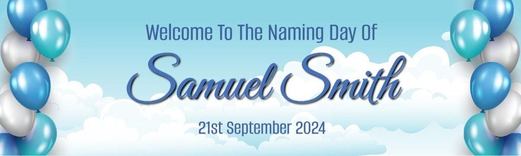 Personalised Naming Day Banner - Clouds & Blue Balloons - Custom Name & Date