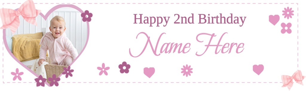 Personalised 2nd Birthday Banner - Pink Hearts - Custom Name, Date & 1 Photo Upload