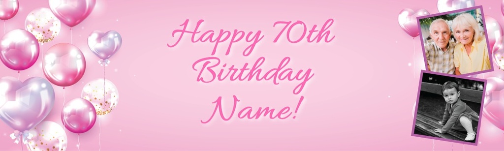 Happy 70th Birthday Banner - Pink Balloons - 2 Photo Upload