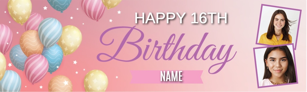 Personalised Happy 16th Birthday Banner - Balloons - Custom Name & 2 Photo Upload