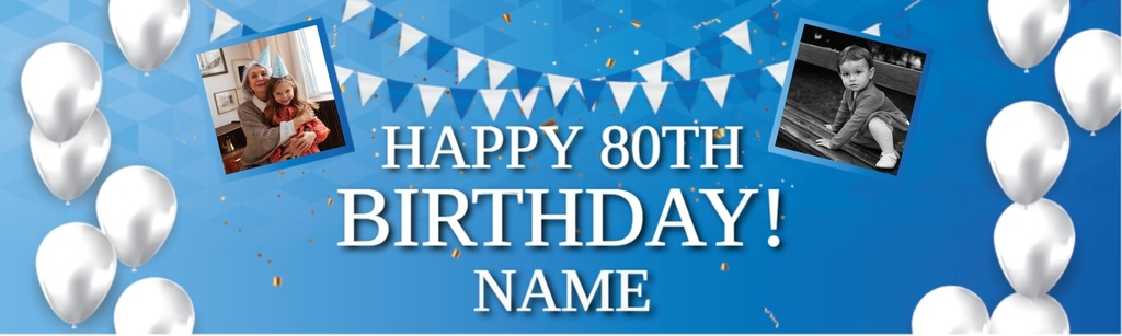 Personalised Happy 80th Birthday Banner - Blue & White - 2 Photo Upload