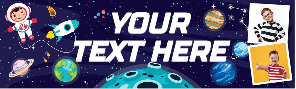 Personalised Happy Birthday Banner - Astronaut & Planets Space - Custom Text & 2 Photo Upload
