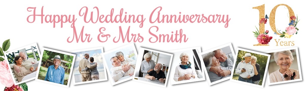 Personalised 10th Wedding Anniversary Banner - Floral Design - 9 Photo Upload
