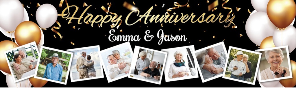 Personalised Wedding Anniversary Banner - White & Gold Balloons - 9 Photo Upload