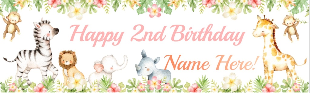 Personalised Happy 2nd Birthday Banner - Baby Safari Animals - Custom Name