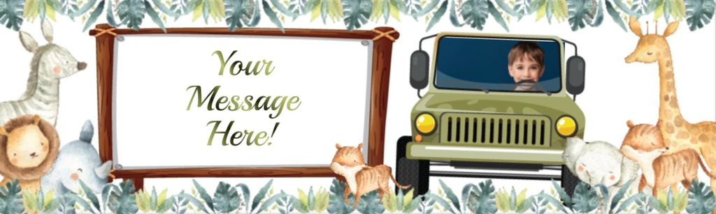 Personalised Happy 1st Birthday Banner - Jeep Safari Animals - 1 Photo Upload