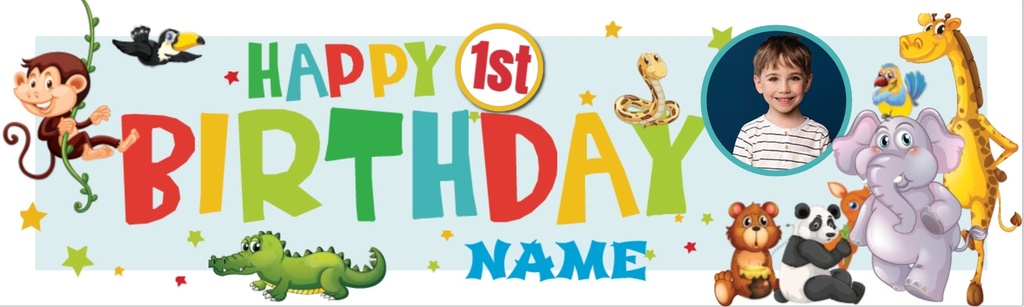 Personalised Happy 1st Birthday Banner - Jungle Animals - Custom Name & 1 Photo Upload
