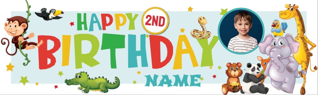Personalised Happy 2nd Birthday Banner - Jungle Animals - Custom Name & 1 Photo Upload