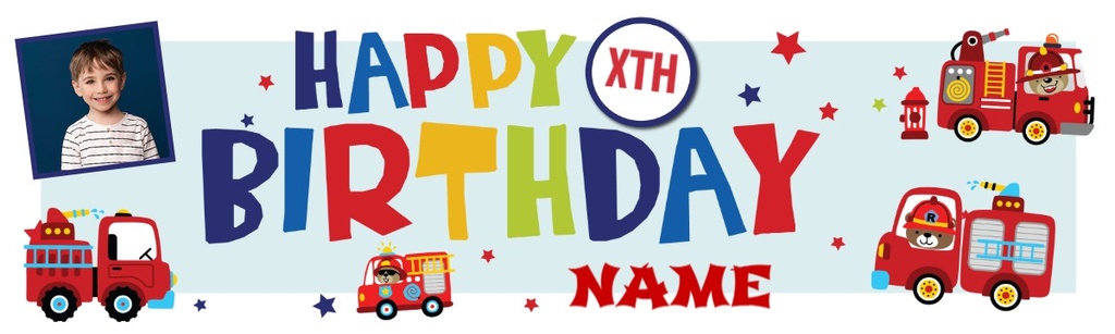 Personalised Happy Birthday Banner - Fire Engine - Custom Name, AGE & 1 Photo Upload